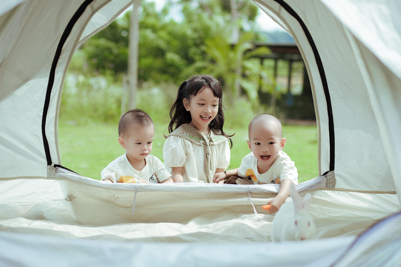 children, tent, rabbit, camping, kids, nature, outdoors, picnic