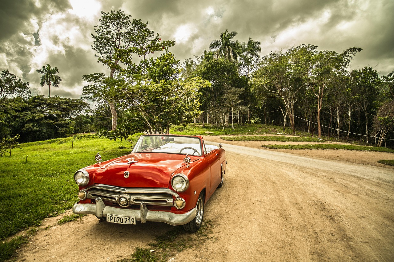 oldtimer, car, old car, convertible, red car, shiny car, retro, car wallpapers, classic, vintage, vintage car, automotive, automobile, parked car, forest, nature, cuba